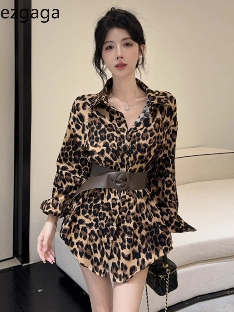 

Ezgaga Vintage Sexy Shirts Women Leopard Printed Turn Down Collar Slim Long Sleeve Autumn Fashion Tops Ladies Elegant Blouse