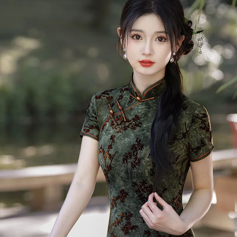 Summer Autumn Velour Qipao Jacquard Cheongsams Lady Stage Performance Costume Elegant Chinese Style Dresses Casual Vestidos