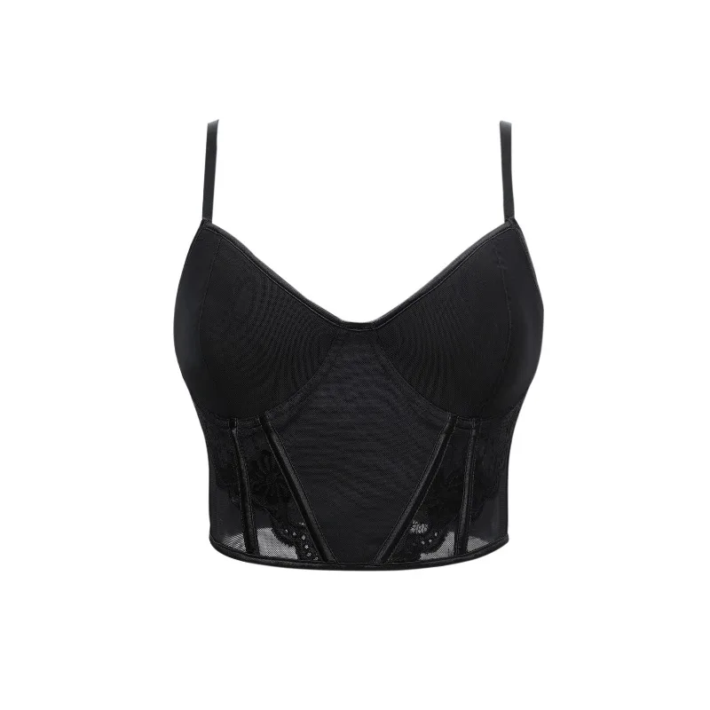 Black Mesh Lace Patchwork Women Corset Adjustable Thin Strap V Neck Bustier Back Lace Up Structured Corset Top
