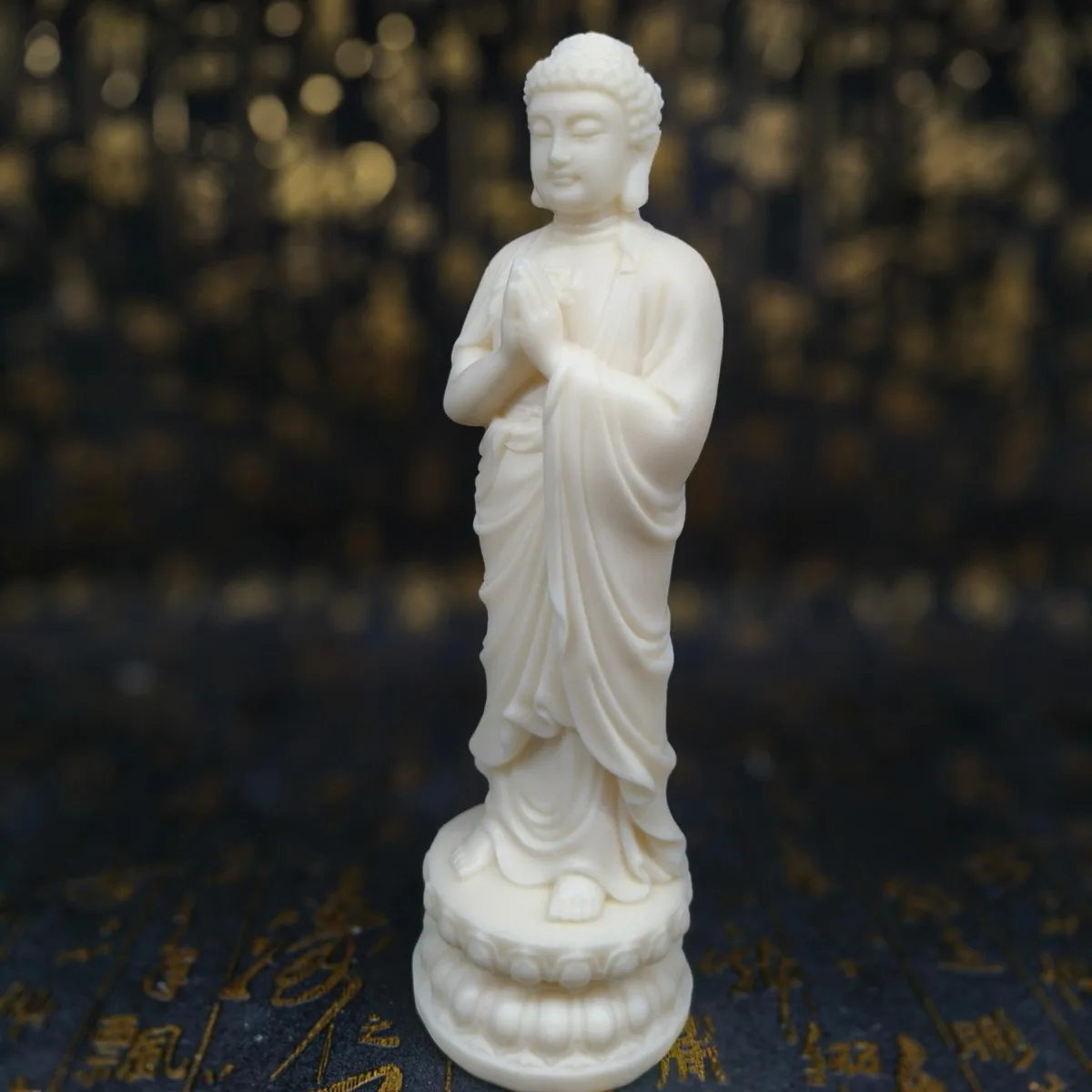 Ivory Nut Carved Cloud Pattern Amitabha Vairocana Buddha Figurine 22*6cm Living Room Buddha Statue Decor Craft Ornament