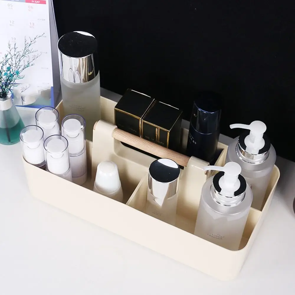 

Simple Multi-compartment Desk Organizer Plastic Wood Handle Divided Baskets Large Capacity Stackable Desktop Storage Case Blush