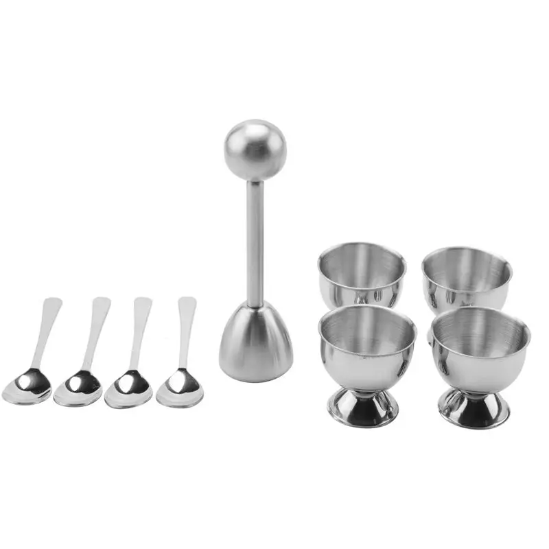 ABWP-Stainless Steel Egg Cracker Topper Set,Hard Boiled Eggs Separator Holder,4 Spoons,4 Cups,1 Shells Remover Top Cutter