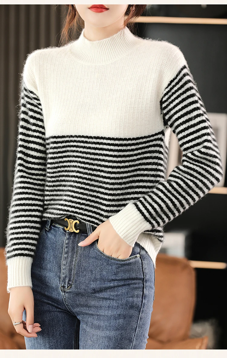 

Thick Autumn Winter Women's Pullover 100% Merino Wool Knitted Sweater Mock Neck Black And white Striped Female Clothing Tops