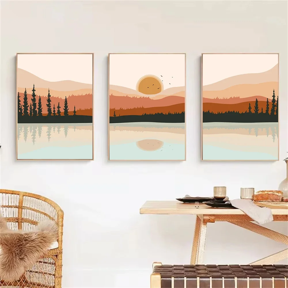 

Boho Orange Sun Abstract Posters Mid Century Art Print Canvas Painting Bohemia Landscape Modern Wall Pictures Living Room Decor