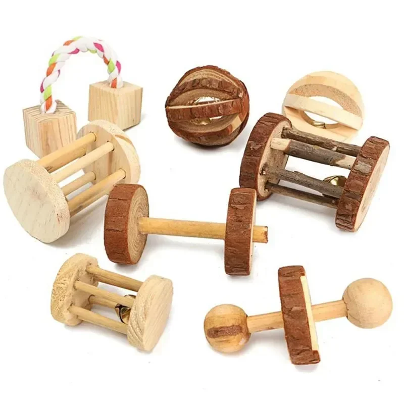 Mini Rabbit Roller Toys Natural Wooden Pine Dumbells Unicycle Bell Chew Toys for Guinea Pigs Rat Small Pets Molars Accessories