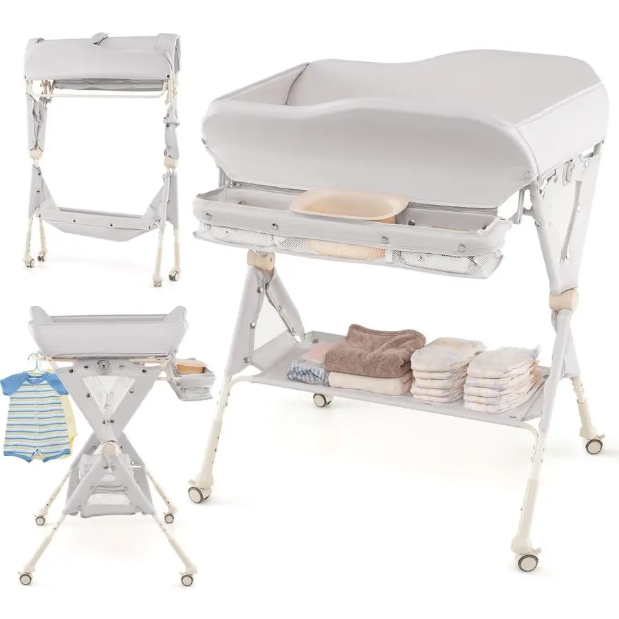 Baby Changing Table with Wheels, Portable Folding Diaper Station Nursery Organizer with Storage Basket, Hanging Rack, Adjustable