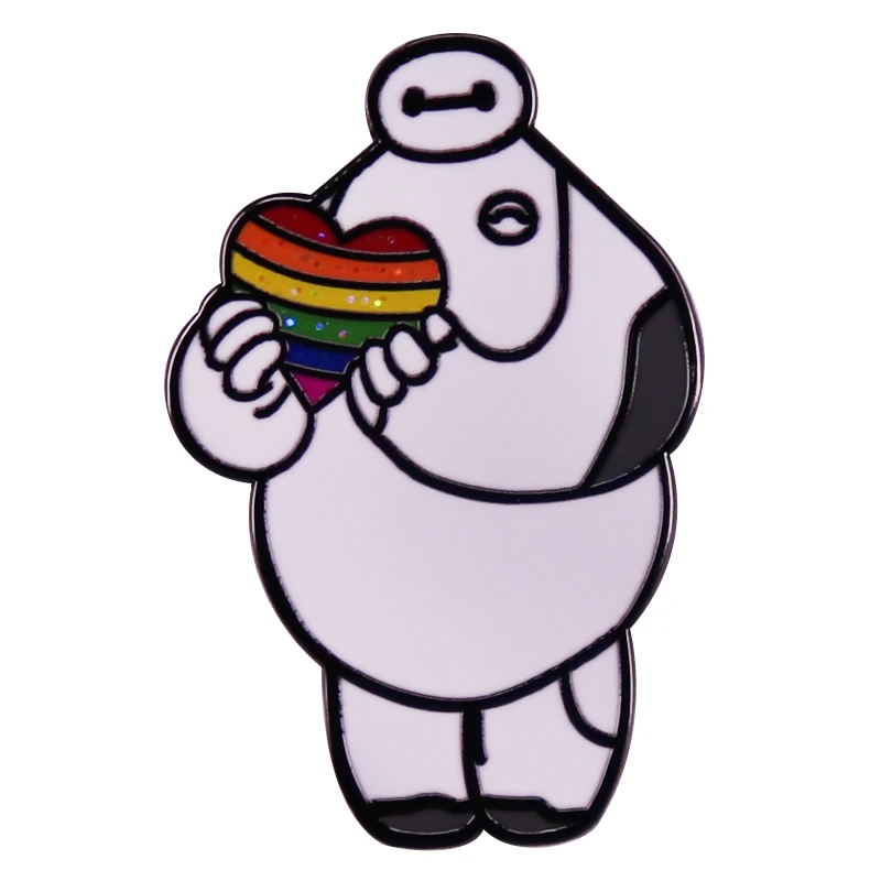 Big X Hero 6 White Baymmax with glitter Rainbow Heart Enamel Pin LGBT Gay Pride Badge Brooch Jewelry Backpack Accessories