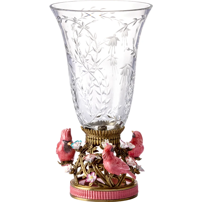 

Copper base red ceramic bird Czech imported crystal glass vase flower insert