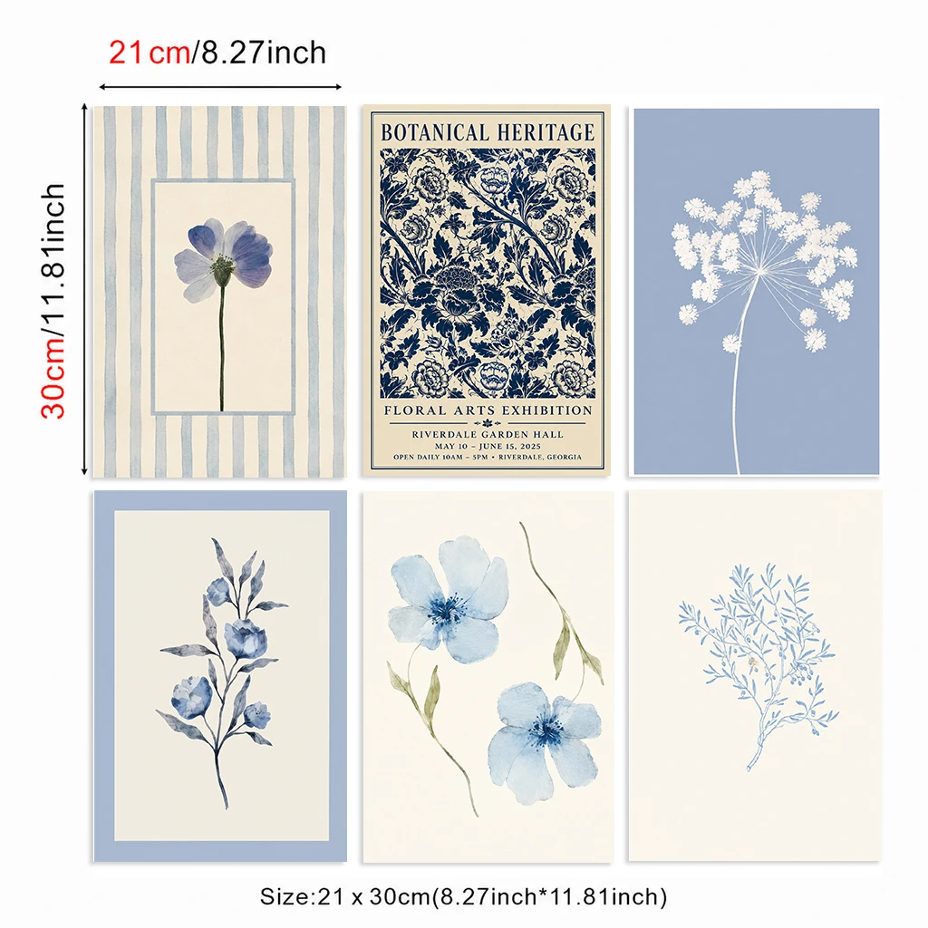 Set of 6 Blue Botanical Canvas Poster Heritage Floral Exhibition Daisy Watercolor Leaf Stripe Gallery Bedroom Wall Art Decor