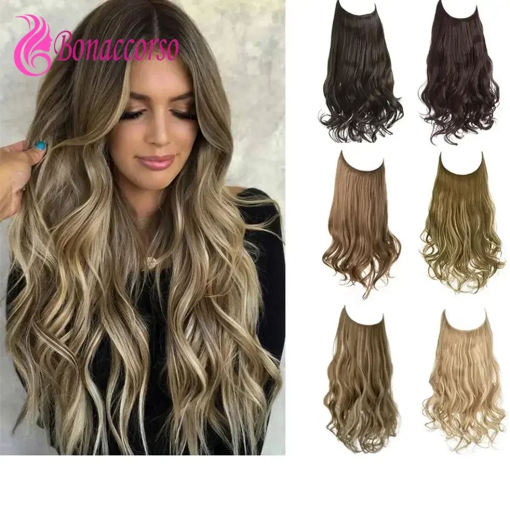 Body Wave Hair Extensions Fishing Line Pieces Synthetic Hair Wig For Women 18 Inch Heat Resistant Fiber Long Curly Wig Daily Use