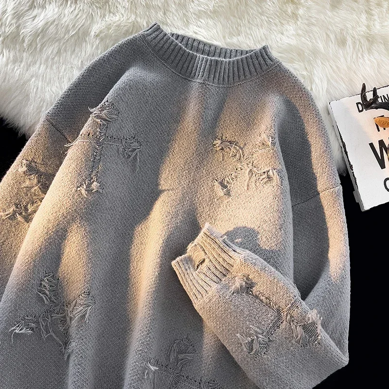 

High Street y2k Tide Holey Breaking Sweater Men Women Autumn Winter Casual Couple Knitwear Tops Solid Versatile Pullover Sweater