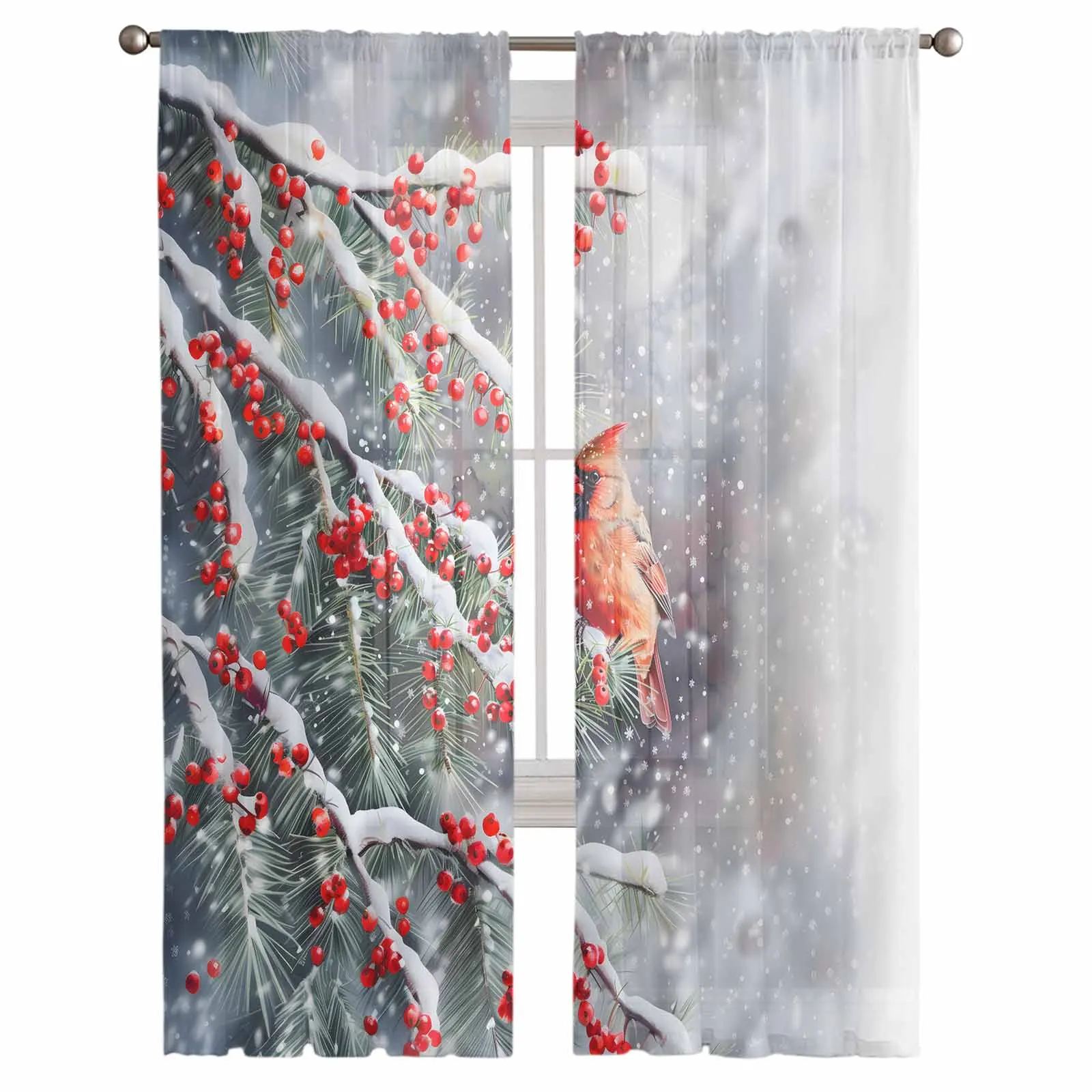 Red Sparrow Berries In Winter Snow Chiffon Sheer Curtains for Living Room Bedroom Decor Kitchen Window Voiles Tulle Curtain