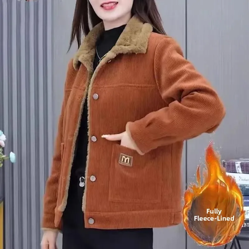 

Женская утепленная вельветовая модная короткая куртка свободного кроя, повседневное теплое хлопковое пальто для женщин среднего возраста и мам