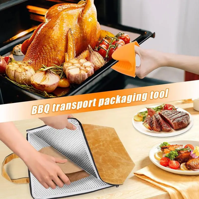 

BBQ Insulated Bag Insulated BBQ Bag With Silicone Gloves Reusable Foldable Lightweight For Outdoor Cooking Grilling Family