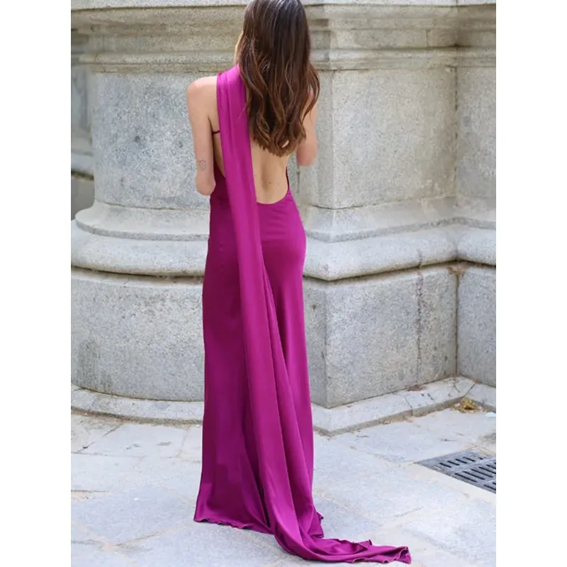 

Elegant Women's Ribbon Long Satin Party Dress Halter Backless Sleeveless Female Dresses 2026 Summer Lady Solid Evening Gowns