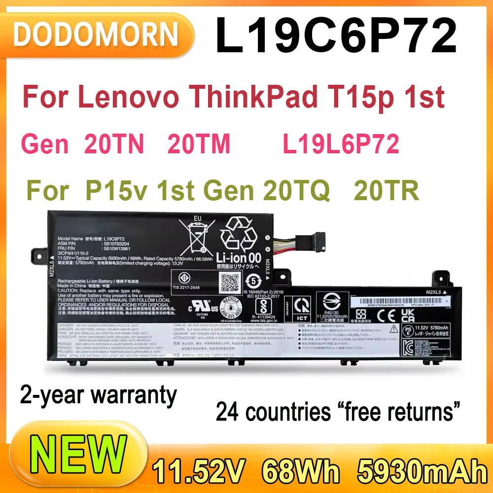 

Новый аккумулятор L19C6P72 для ноутбука Lenovo ThinkPad T15p 1-го поколения 20TN 20TM P15v 1-го поколения 20TQ 20TR SB10T83203 L19L6P72 SB10T83204