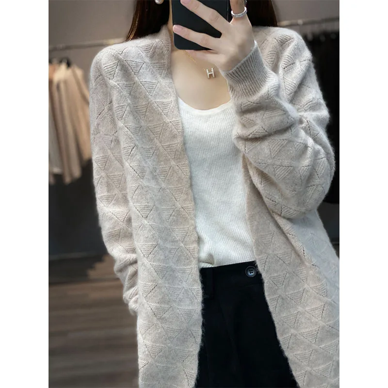 100% pura lana maglione donna giacca lavorata a maglia di media lunghezza 2022 autunno e inverno Cardigan a maniche lunghe spesso con scollo a v Top