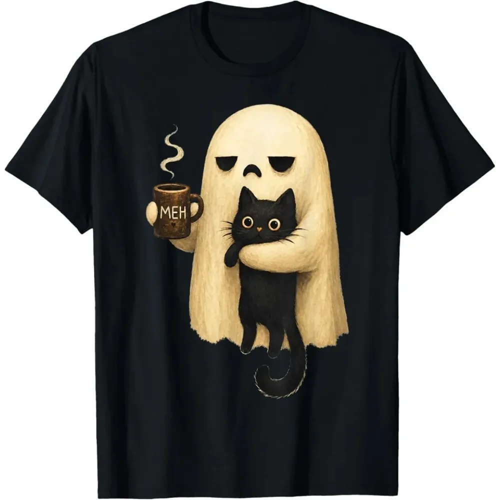 Ghost-Cat Shirt Spooky Black Cat Aesthetic Graphic Tops Women Men Short Sleeve Tees Funny Introvert Halloween Coffee Lover Gift