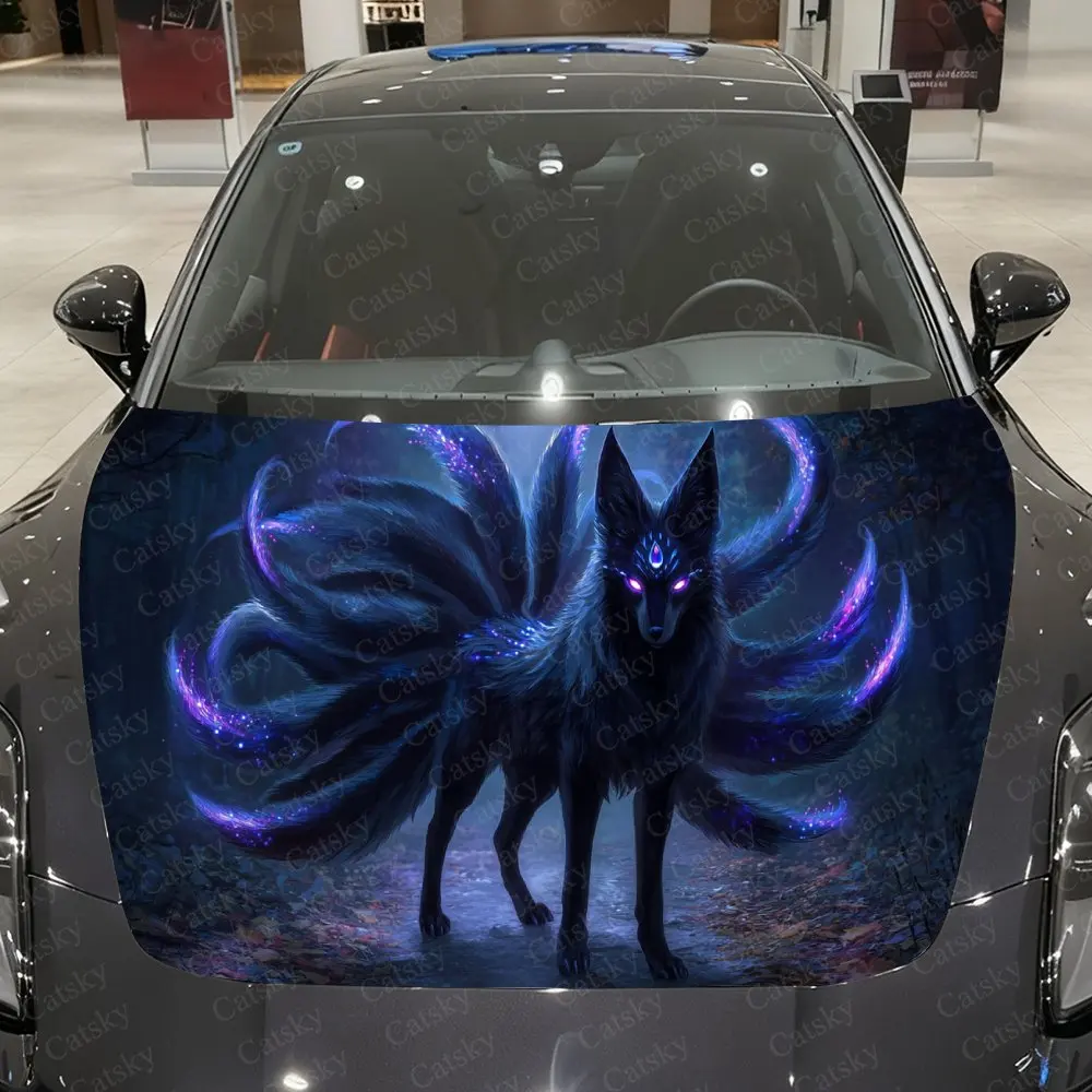 

Forest Purple Flame Nine-Tailed Fox Car Vinyl Wrap, PVC Waterproof Car Hood Sticker, Self-Adhesive Scratch-Resistant Stickers