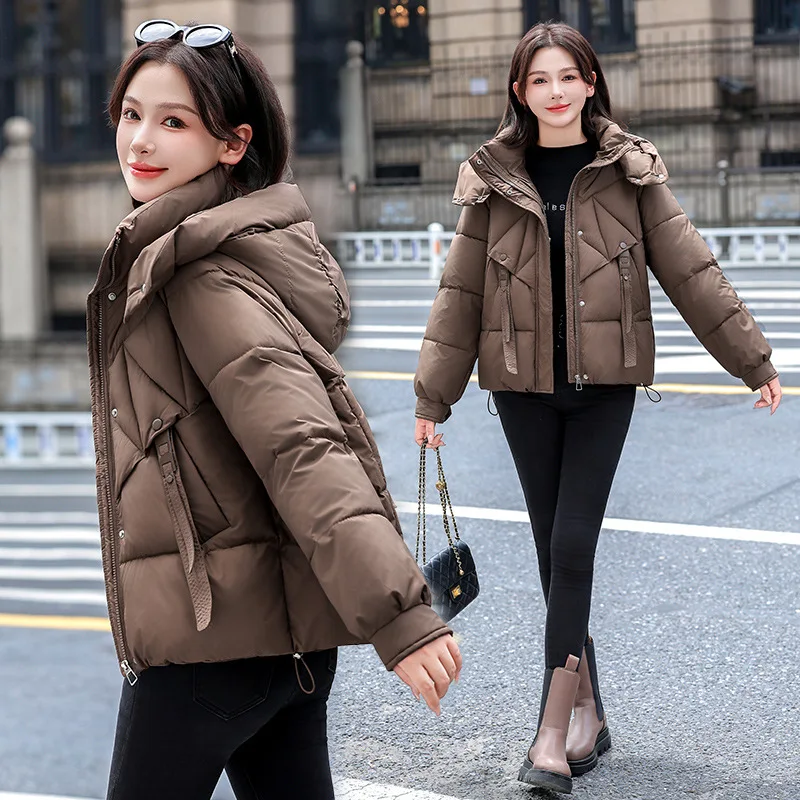 

Женская зимняя куртка-парка в корейском стиле, однобортное пальто с застежкой-молнией и завязками для женщин, короткое утолщенное женское стеганое пальто