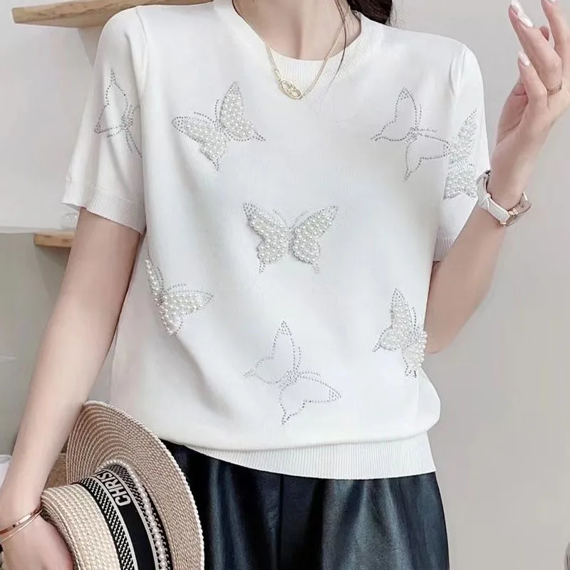 

Knitted Sweater Women Pullovers Fashion O-Neck Short Sleeve Knitwears Knit Sweater Pullover Women Tops Beading Sweaters Q3417