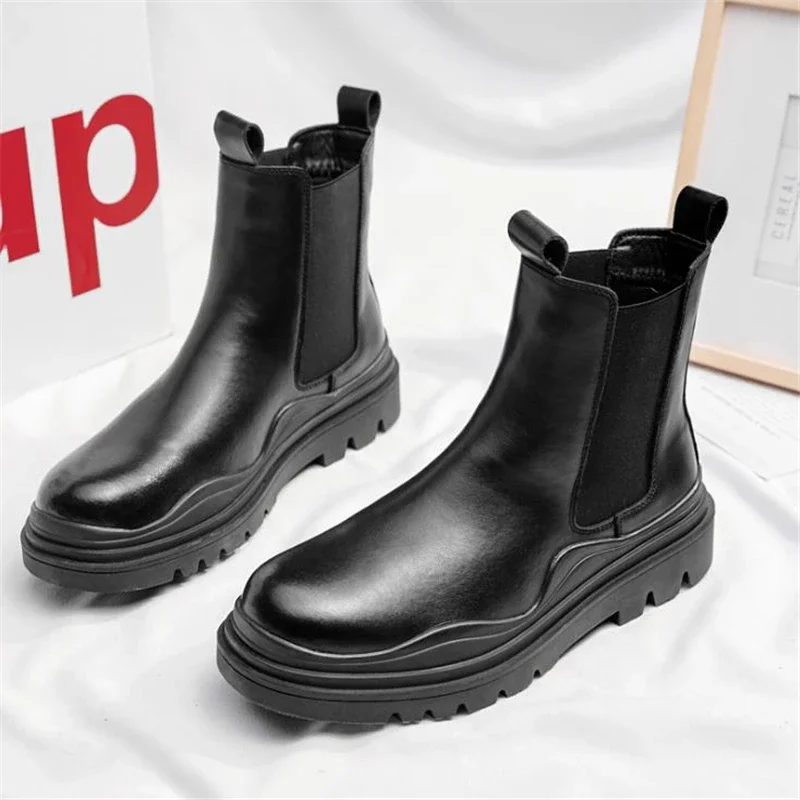 Fashion Mens Sheoes Platform Chelsea Boots Thick Bottom Split Leather Ankle Boots Male Footwear Round Toe Short Boots