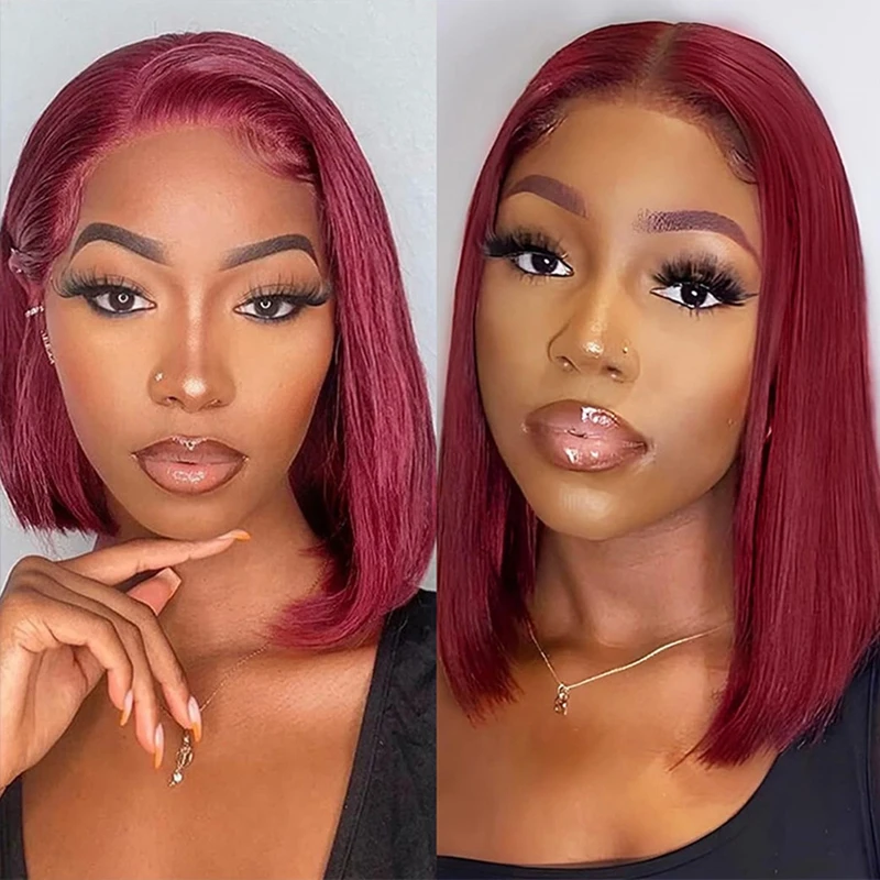

99j Burgundy Short Straight Bob Wig Human Hair 13x4 Straight Lace Frontal Bob Wig Pre Plucked 100% Human Hair 99J Colored Wigs