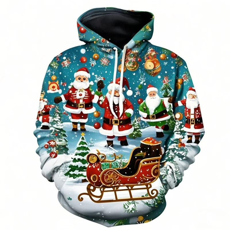 Santa Claus Printing Hoodies For Men Merry Christmas Tree Xmas Snowman Graphic Pullovers Sweatshirts Kids Gifts Hoodie Clothes