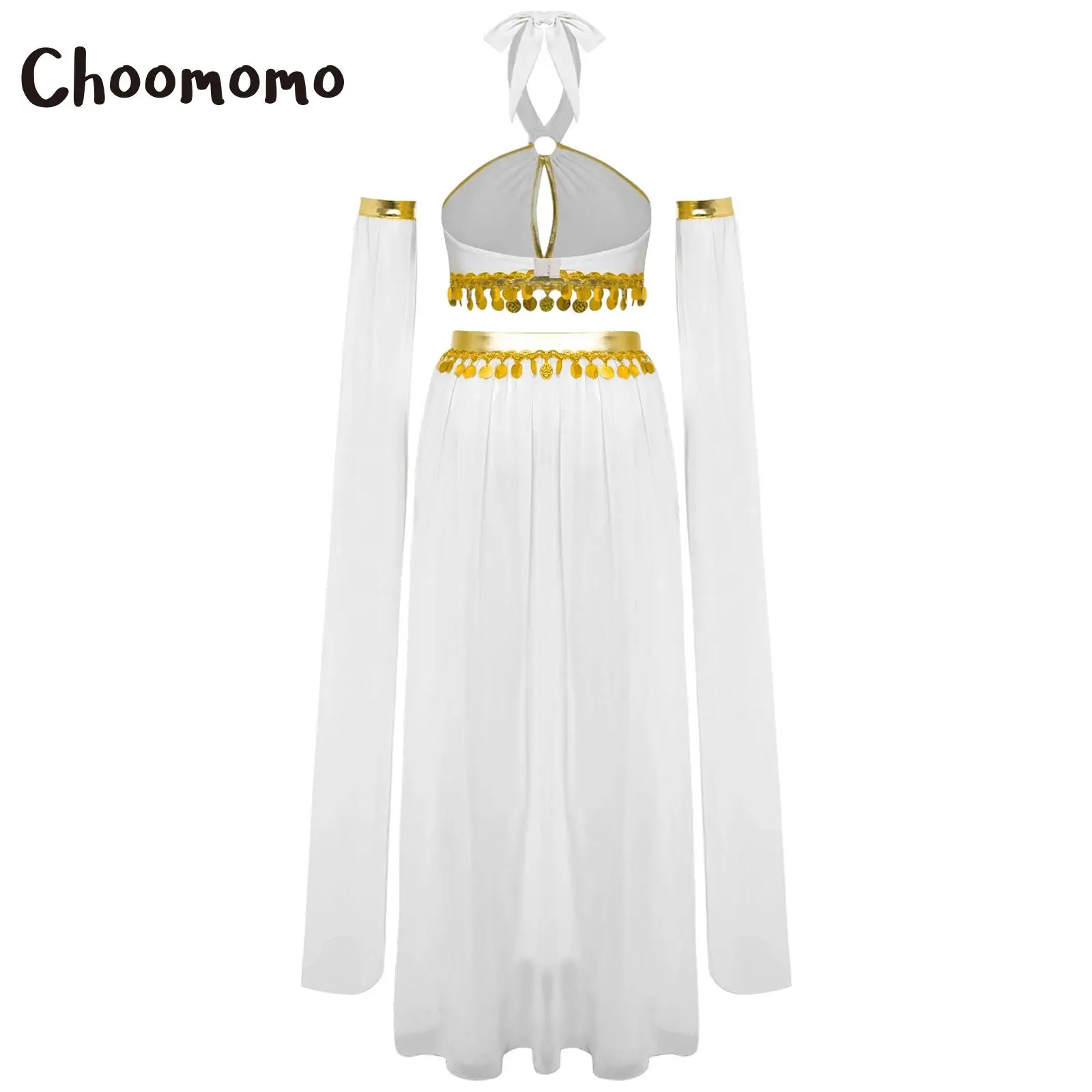 

Women Halloween Cleopatra Cosplay Costume Ancient Rome Egyptian Halter Crop Top with Split Chiffon Skirt Sleeves Belly Dance Set