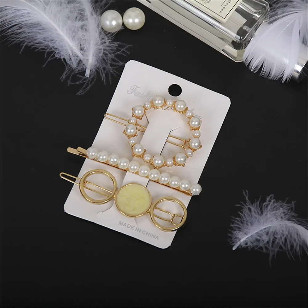 Elegant Pearl Hair Clips para mulheres e meninas, bangs geométricas, pino de metal, presilhas de cabelo dourado, Headwear nupcial, verão, 3pcs set