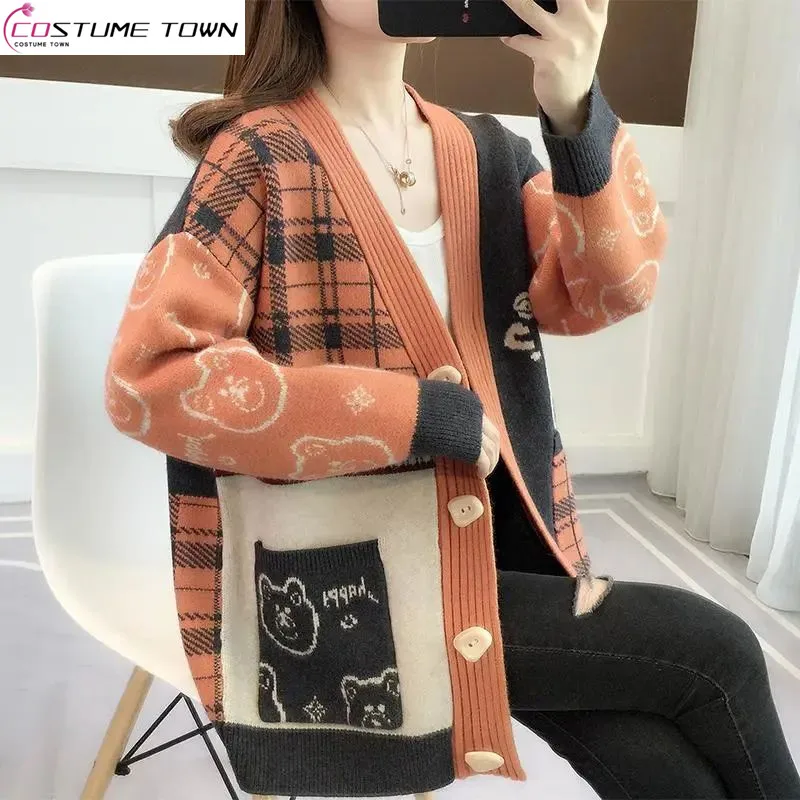 2023 Autumn/Winter New Loose Versatile Thickened Knitted Cardigan Vintage Cartoon Bear Jacquard Knitted Sweater Coat