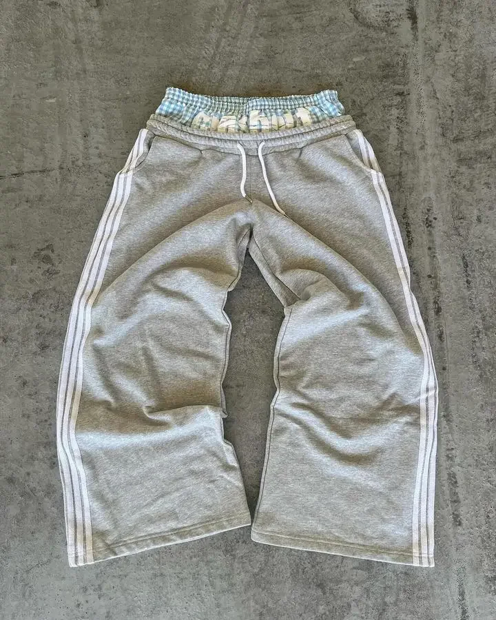 Calça americana de moda de hip-hop dos homens, calça decorativa falsa de duas peças de cintura alta, calça reta de esfregar até o chão