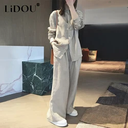 Spring Autumn Literary Vintage Cotton Shirt Wide Leg Pants Set Ladies Loose Casual Buttons Shirt Trousers Suit Women's Clothing