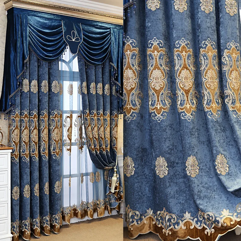 Custom European blue Chenille embroidered shading living room thick cloth blackout curtain tulle valance drape C1731