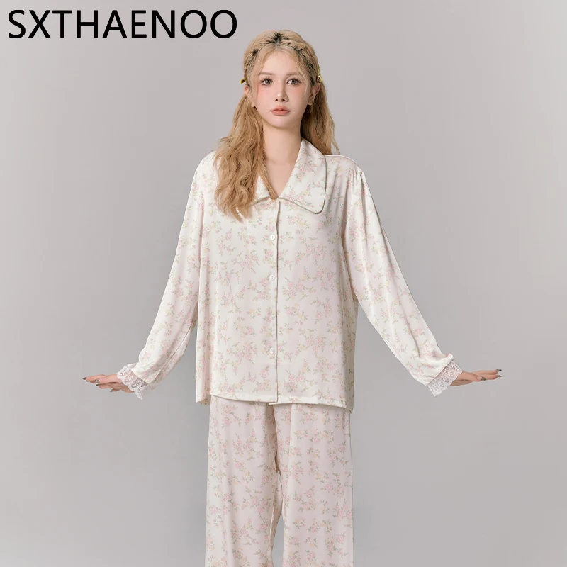 

SXTHAENOO 2024 New Fashion Simple Girl Loungewear Women's Pajamas Printing Casual Comfortable Anime Pattern Nightwear Set