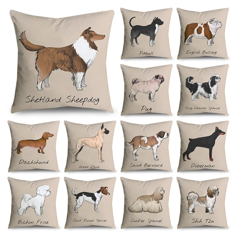 

Cartoon Dogs Cushion Cover Cute Sheepdog Bulldog Print Pillow Cover Animal Pets Pillow Case Couch Cushion Case Home Decorations