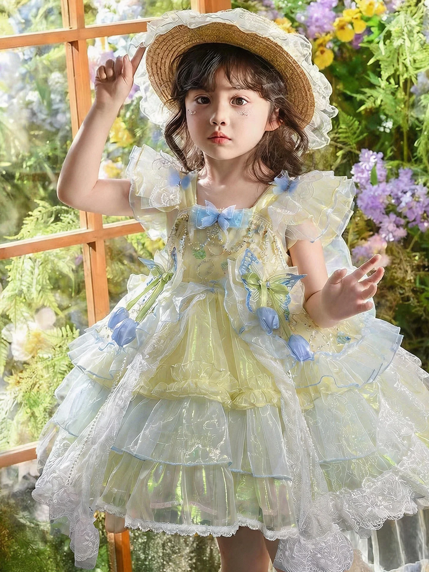 Vestido de Princesa Lolita, Fantasia Infantil para Apresentações, Roupa de Verão para Meninas, Estilo Doce, Saia de Cintura Alta