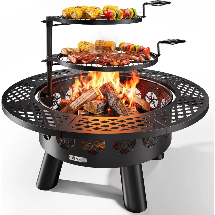 36 Inch Fire Pit, 3 in 1 Wood Burning Fire Pit with 2 Grill Grates Heavy Duty Outdoor Fire Pit BBQ Grill and Dining Table with