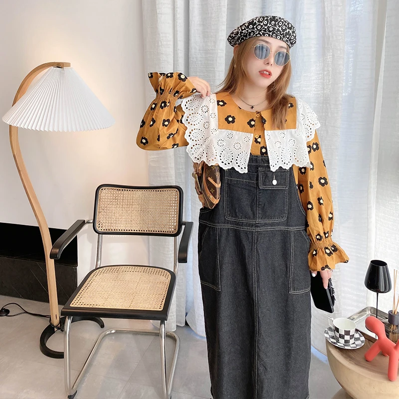 

Vogana Large Size Doll Collar Lace Splicing Sweet Young irt Women's Korean Sle Commute Wind Long Sve Floral Pattern