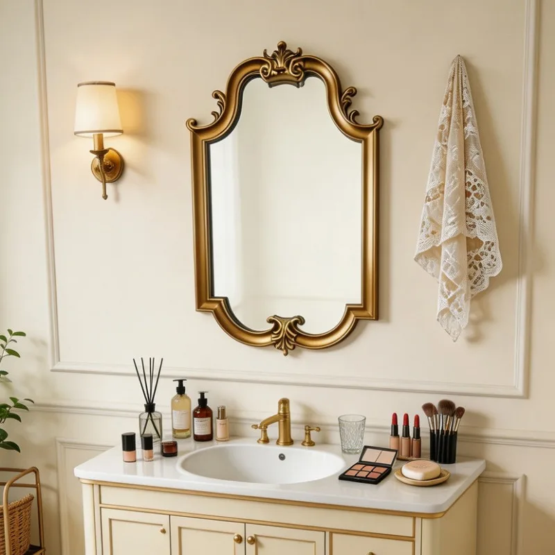 Carved light luxury high-end bathroom mirror retro fireplace decorative mirror