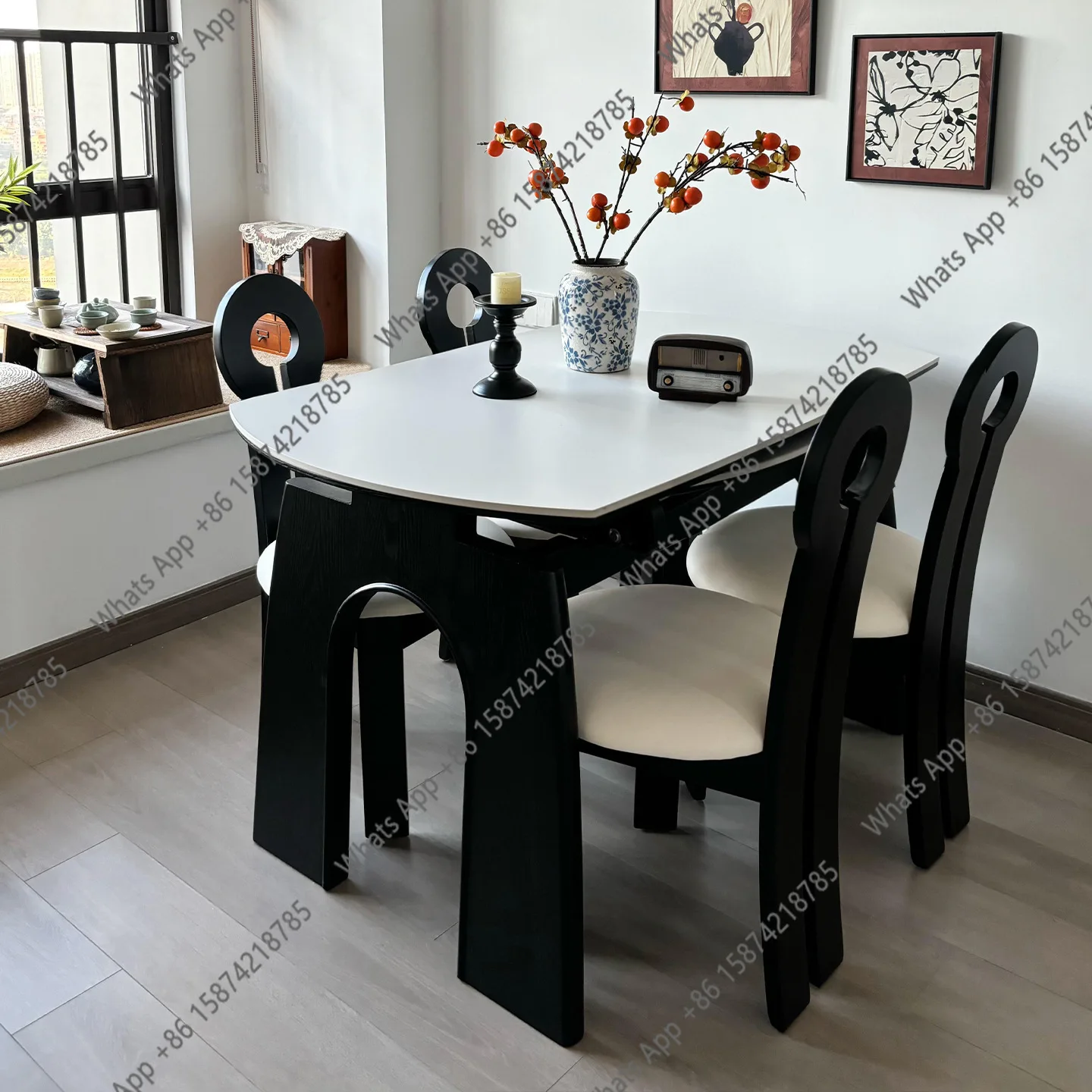 French retro style retractable solid wood rock slab dining table household small apartment square and round dual-purpose variabl