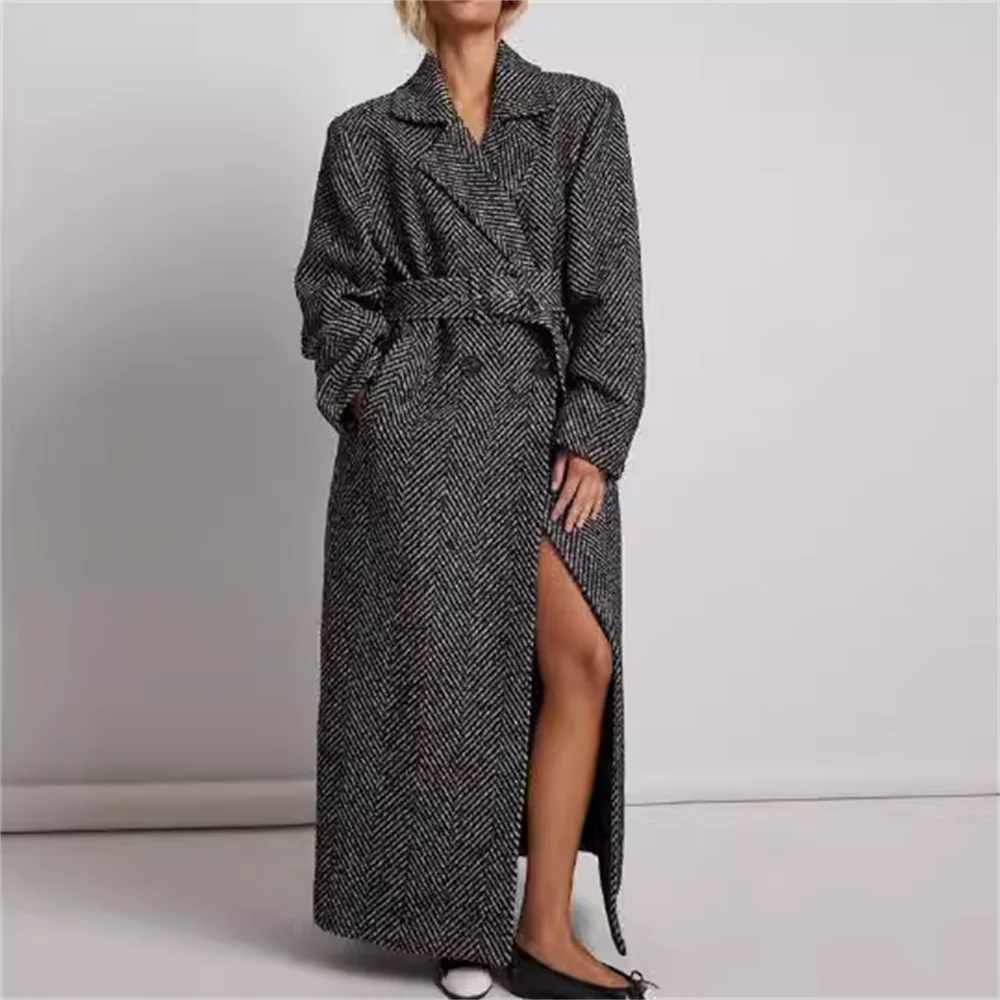 

Winter coat classic cool straps X -Long Striped loose coat woman