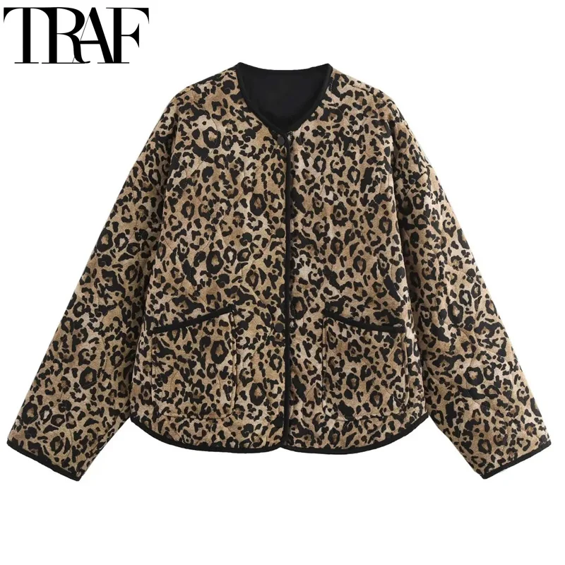 TRAF Parkas Leopard Winter Coats Woman Vintage Animal Print Quilted Jacket Women Autumn Long Sleeve Padded Jacket Short Coats