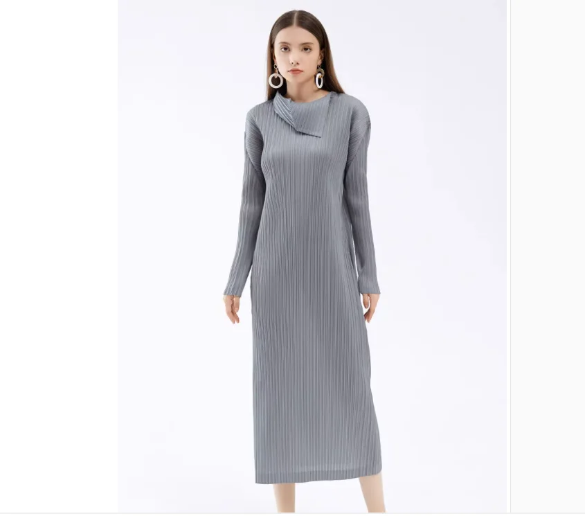 

HOT SELLING Miyake fold dress of solid turn-down collar long sleeve A-Line dress IN STOCK