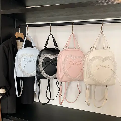 Sweet Lolita Heart Lace Bow Backpack for Girls Cute PU Leather Female Shoulder School Bags Kawaii Soft JK Style Handbag Purse