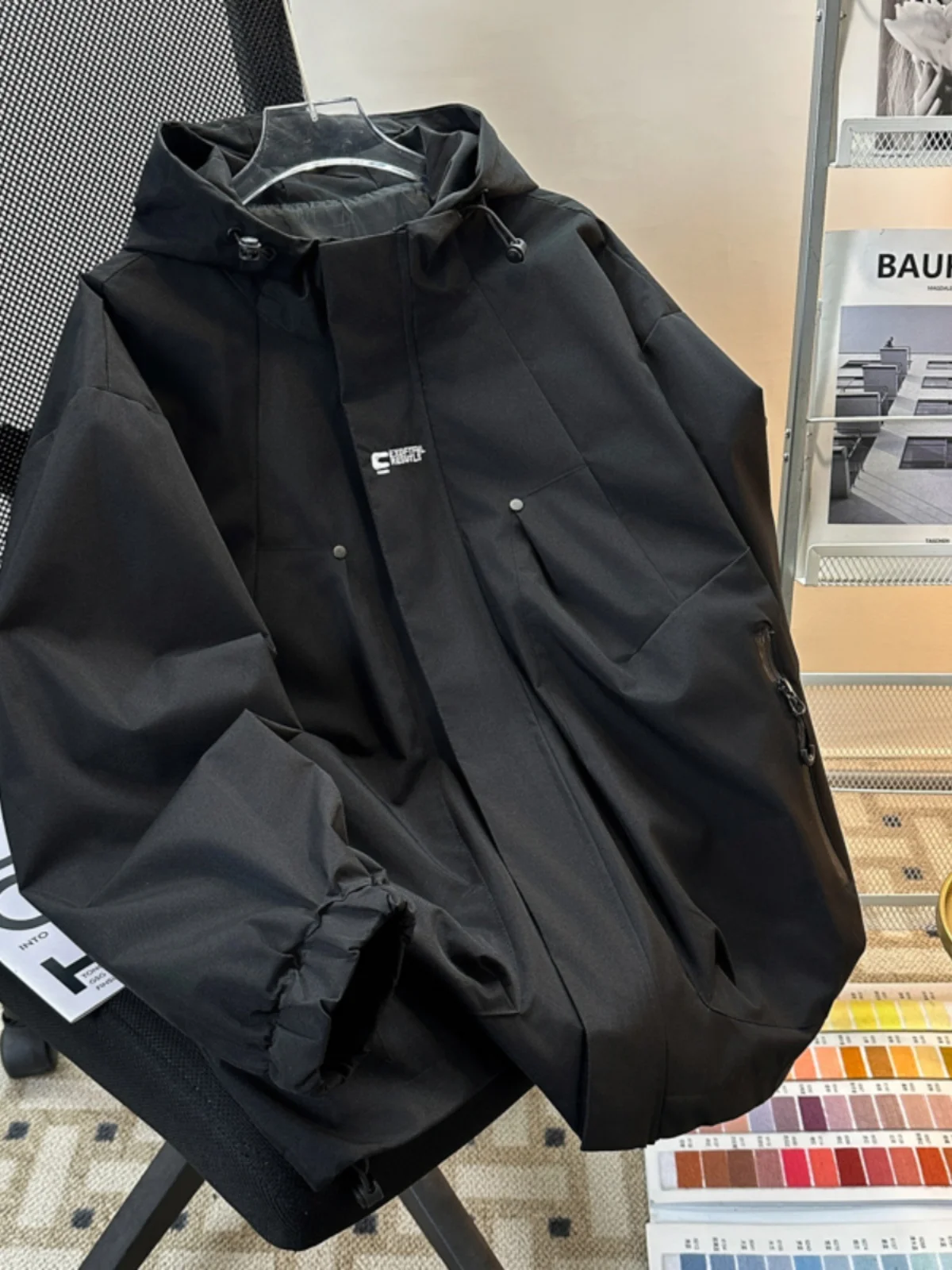 

American Sle Men's Casual Loose Outdoor Jaet Autumn 2024 New Tee-Proof Workwear Hooded Coat Windproof Polyester Fiber