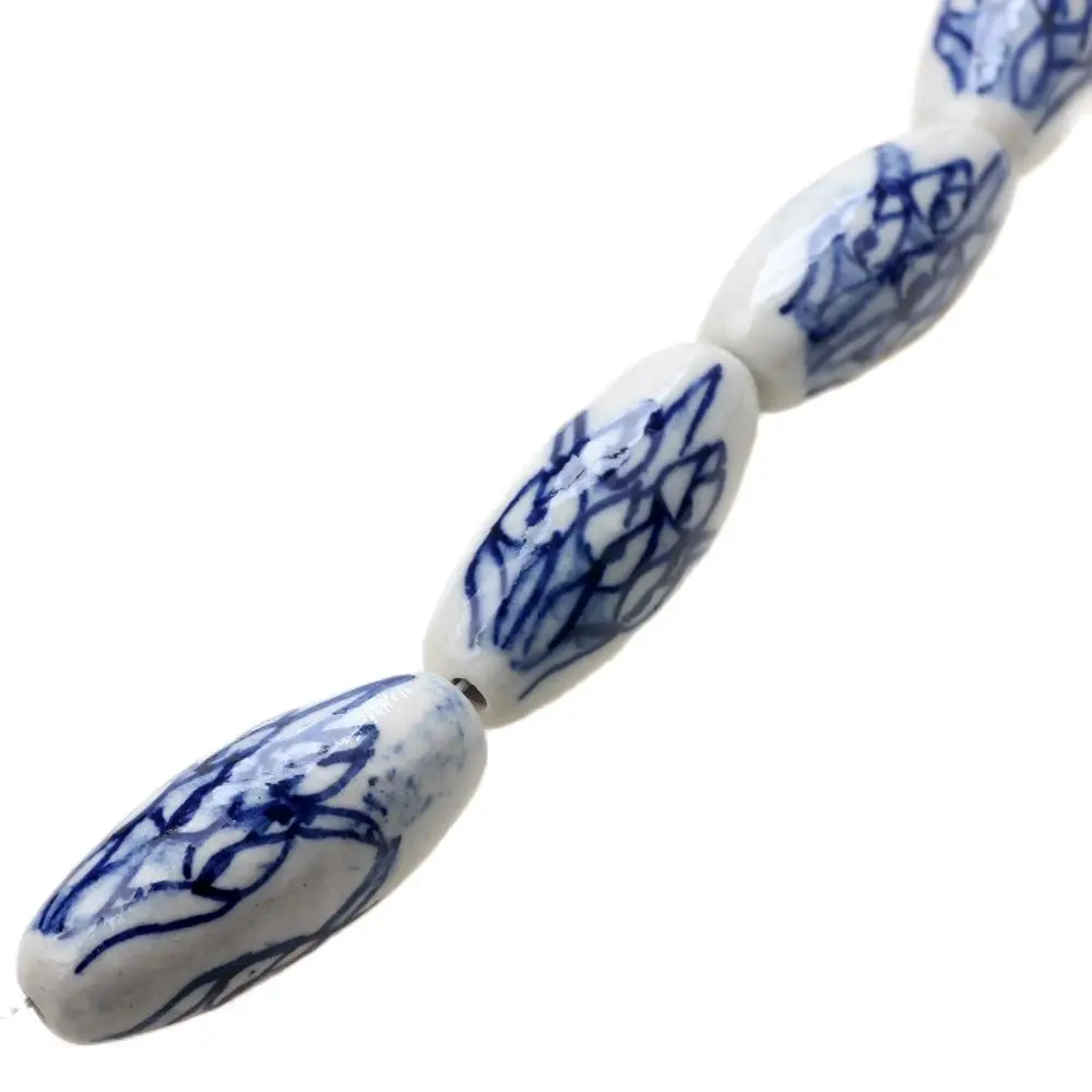 4Pcs/Lot 12×32MM Ceramic Loose Bead Blue And White Tulip Pattern Horse Eye Shape DIY Bracelet Necklace Earrings Jewelry Making