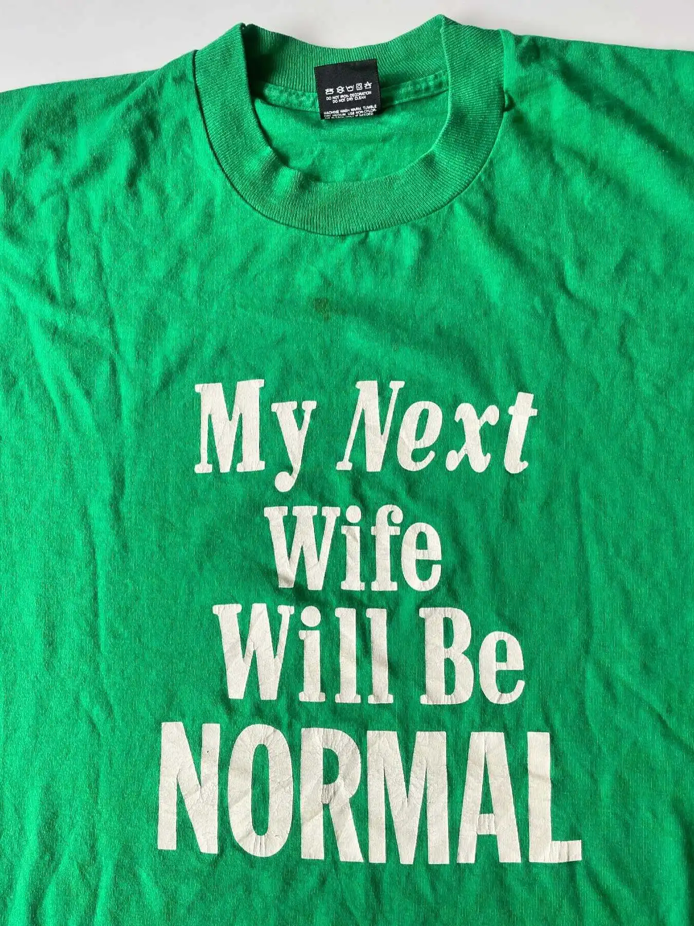 White Highlighting Bright Green Short Sleeve T-Shirt with Mock Slogans Design by Wang Studio Fashionable American Vintage Style