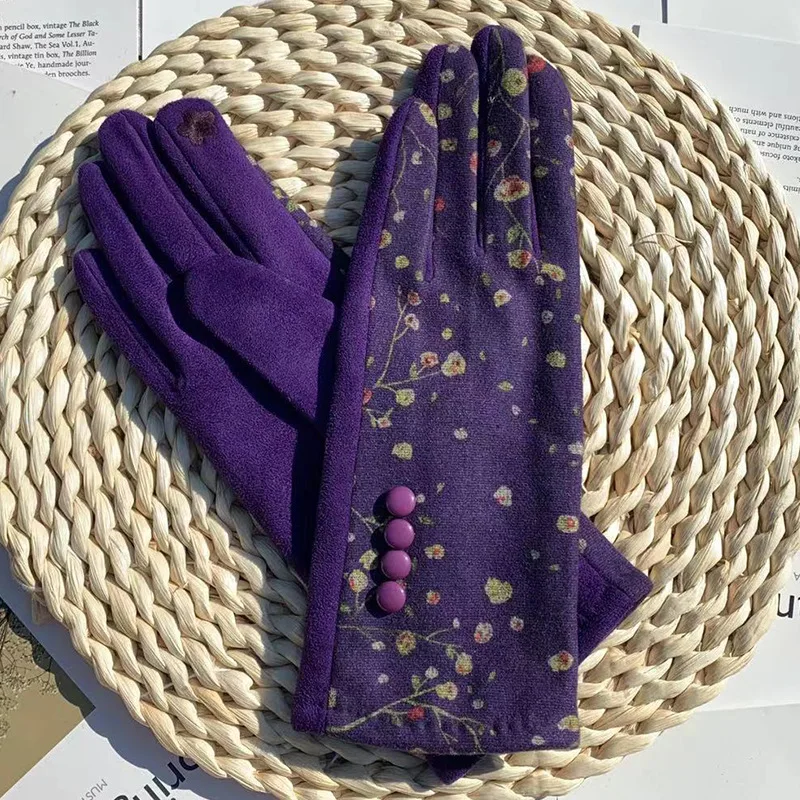 Guantes de flores para mujer, manoplas a prueba de viento, cálidas, no mullidas, bordadas, para viajes al aire libre, pantalla táctil, a la moda,