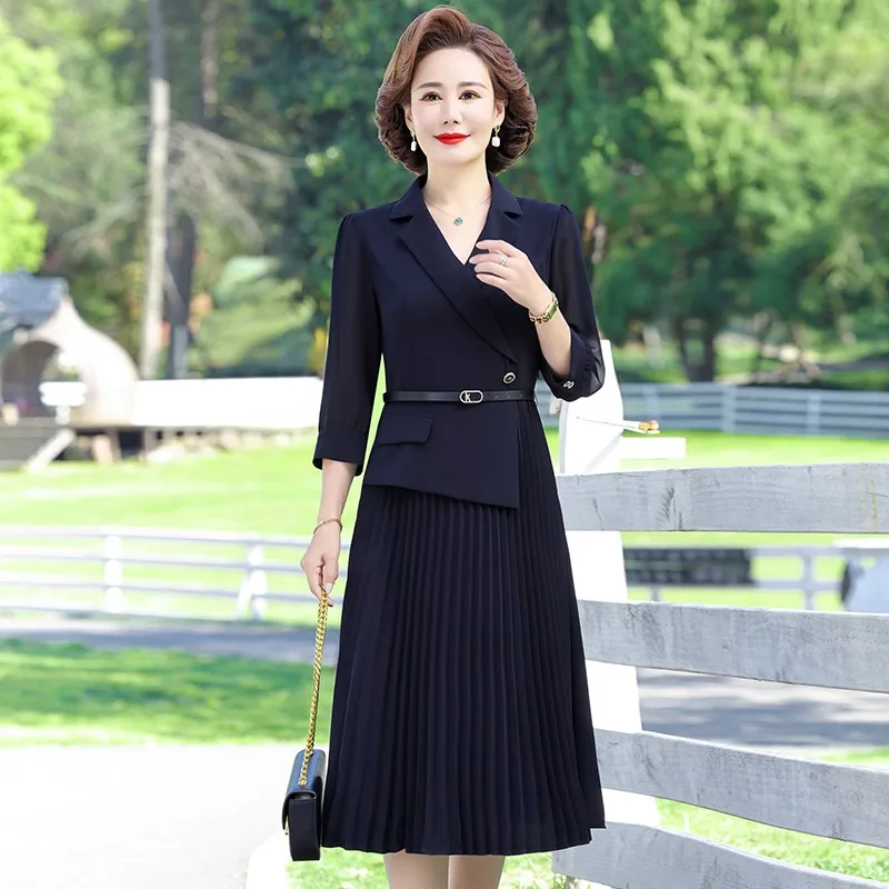 Chic Spring and summer ​Pleated Suit Dress Women Elegant Solid color 3/4 Sleeved A-Line Office Ladies Work Long Dresses